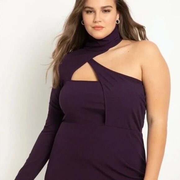 Eloquii Asymmetric Fitted Midi Sweater Dress in purple, size 18/20‎ - Picture 3 of 16